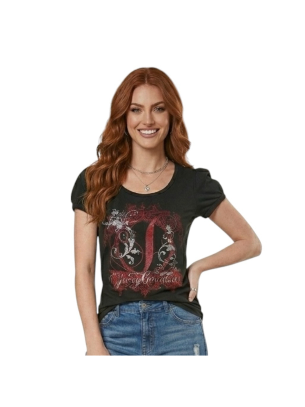 Juicy Couture Y2K Graphic Logo Tee Faded Black Red Scroll Cap Sleeve Top M